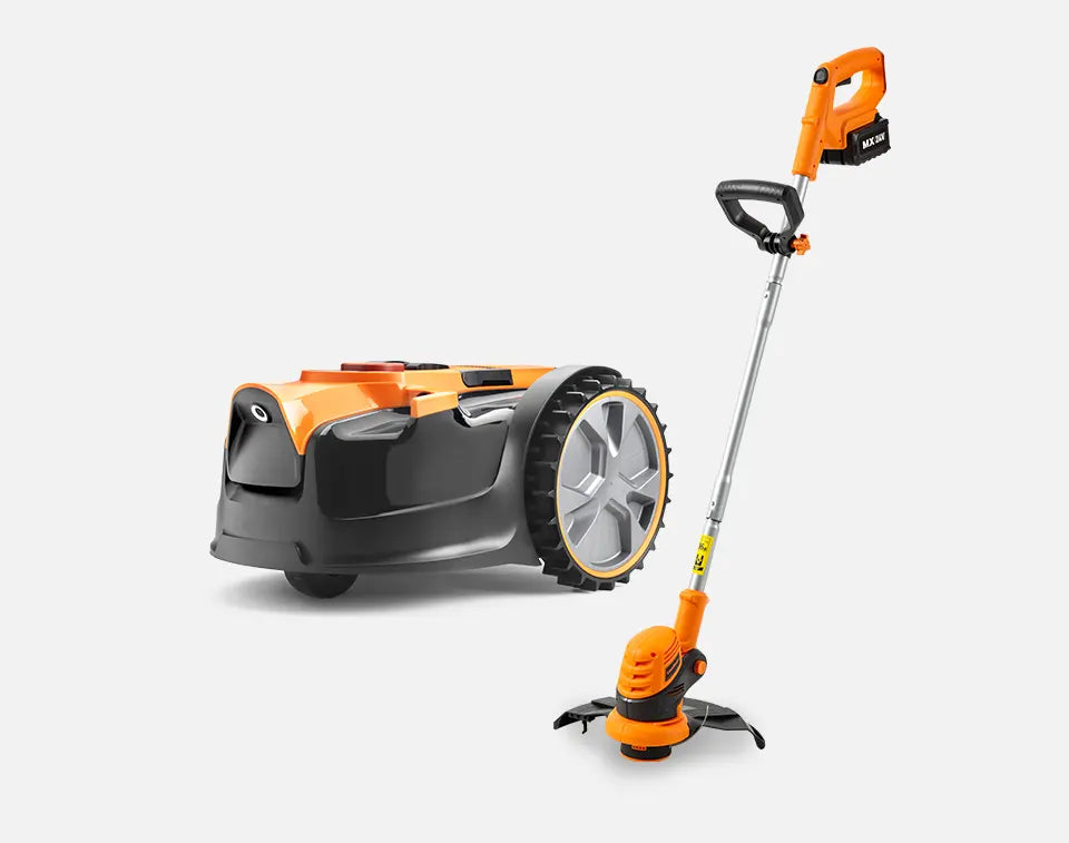 Drop and Mow robotmaaier en draadloze grastrimmer set ondersteuning