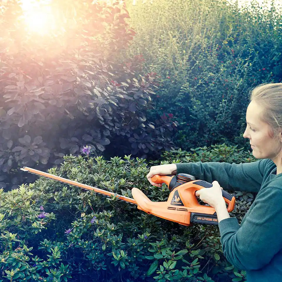 LawnMaster 24V Akku-Heckenschere für einen sauberen Abschluss an einem Strauch