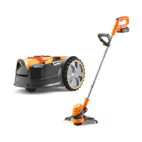 Il robot tosaerba OcuMow nella foto accanto a un decespugliatore a batteria LawnMaster dotato di una batteria MX da 24 V